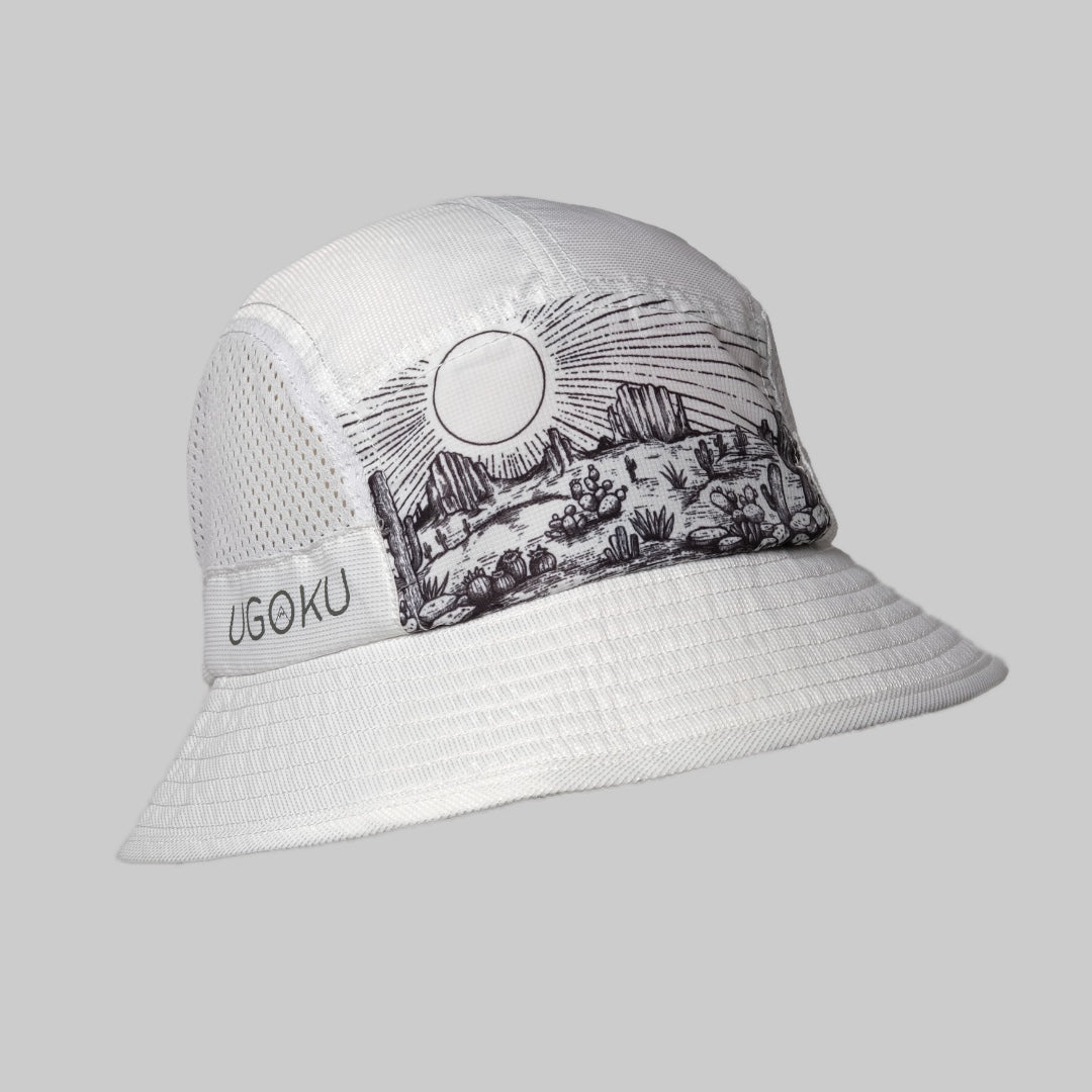 UGOKU Scorcher BK packable performance bucket hat with landscape artwork, front view